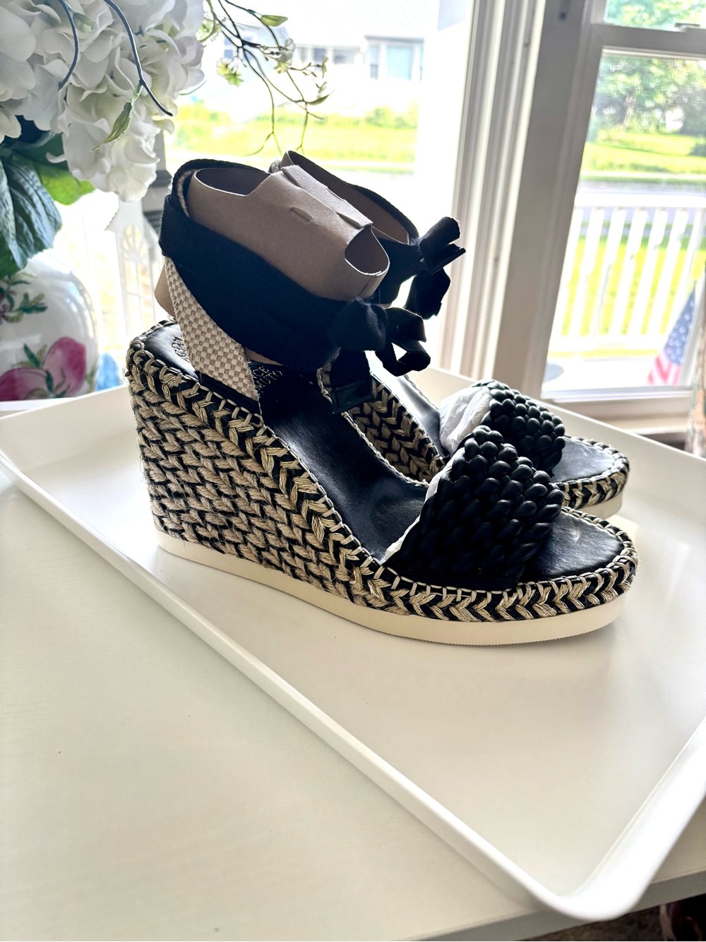 NEW Vince Camuto Black Braided Espadrille Wedge Sandals | Ankle Wrap | size 8 - Picture 3 of 8